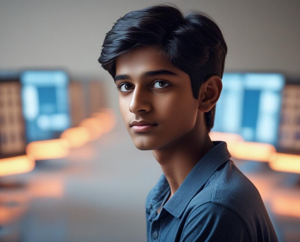 Teenager using a laptop with cybersecurity icons around them, symbolizing safe online practices
