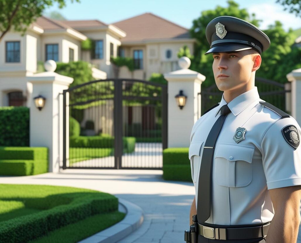 Uniformed security guards checking vehicles at gated community entry