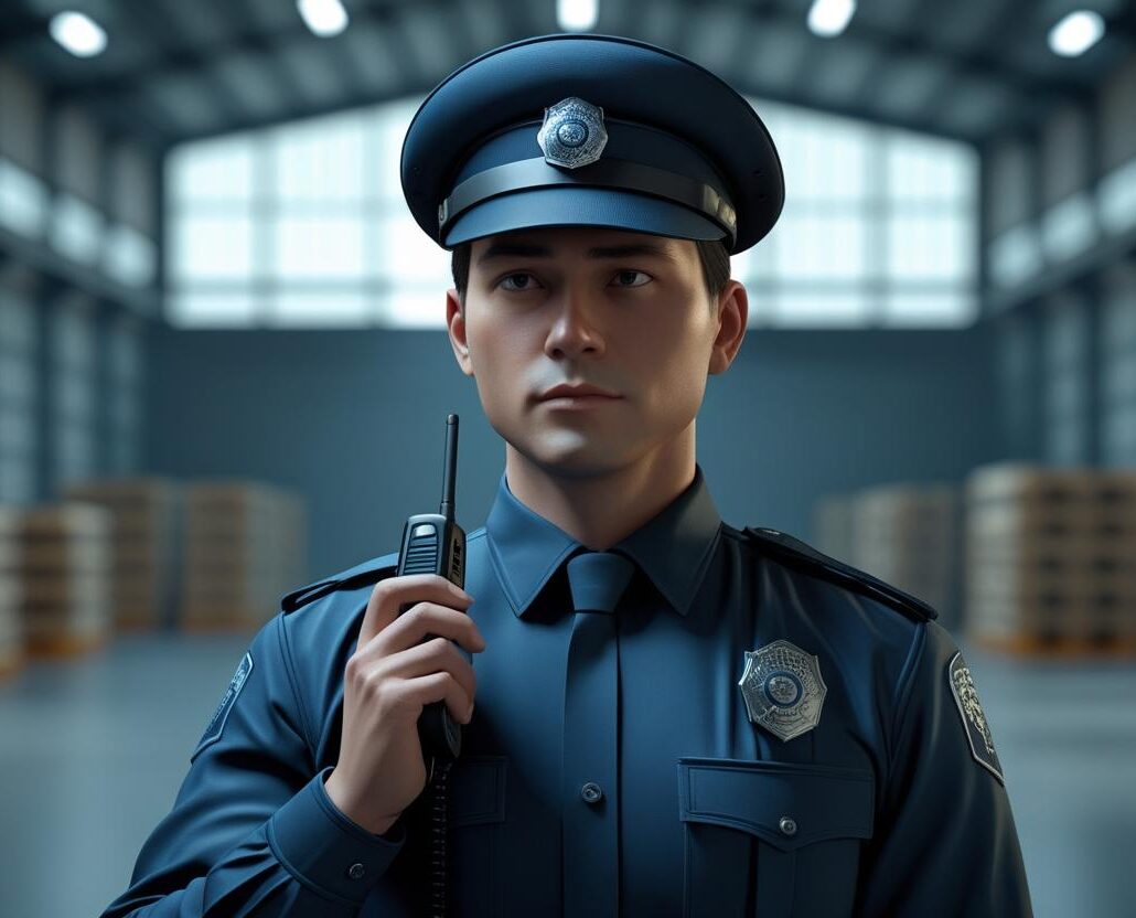 Trained security guard patrolling warehouse at night to prevent insider theft