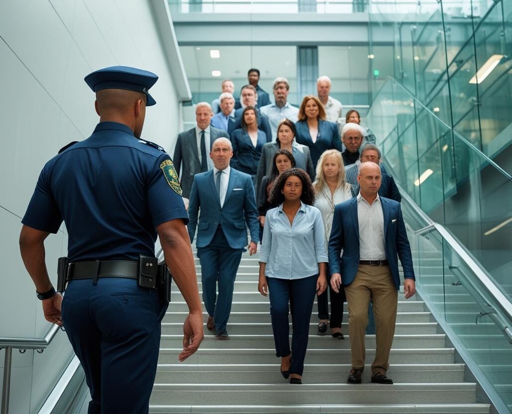 “Security guard directing high‑rise occupants during evacuation drill stairwell
