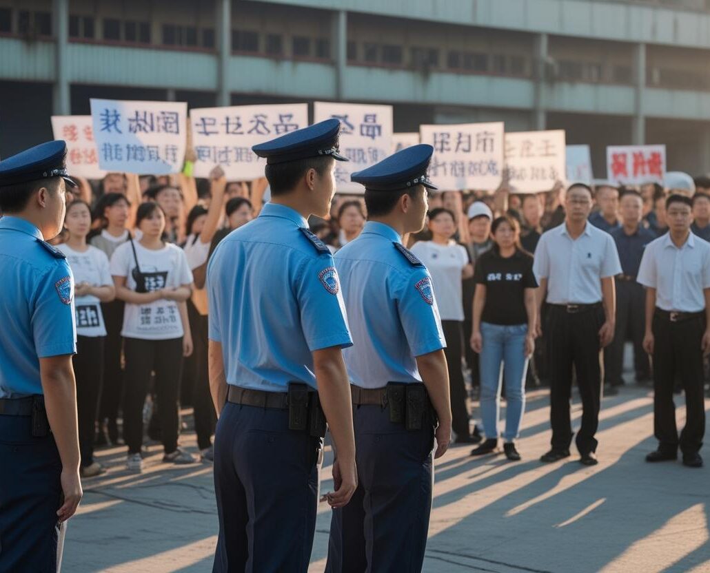 Professional security officers calmly overseeing a peaceful factory labor protest, ensuring safety and neutrality between workers and management