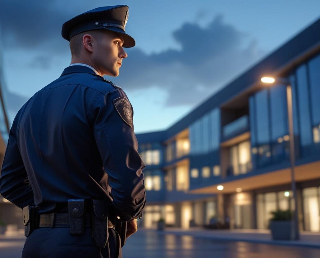 Private security guard in uniform overseeing building perimeter at sunset