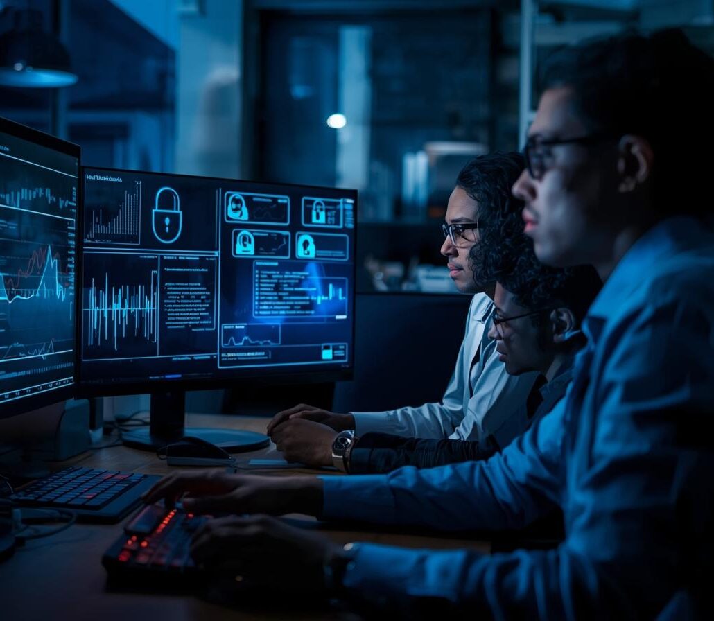 IT team performing regular security audit with computers and digital lock icons