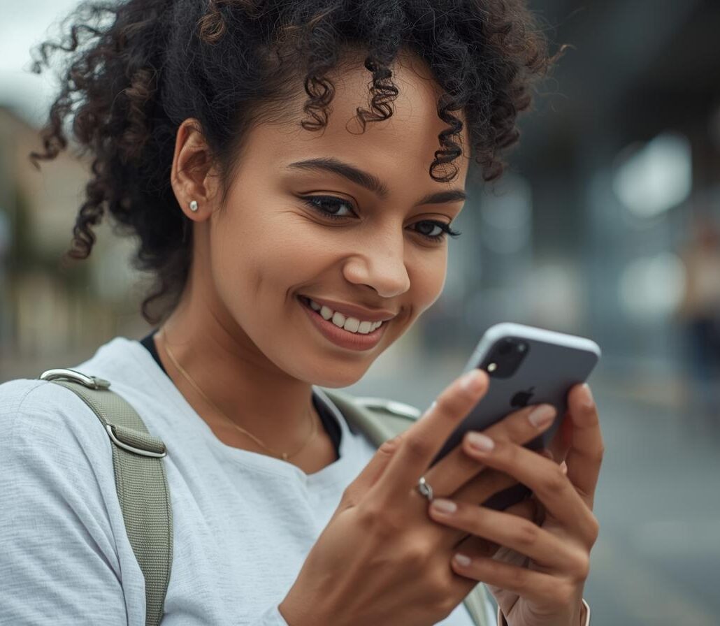 Woman using a safety app on smartphone to enhance personal security.