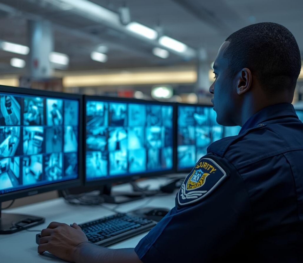 Retail security guard monitoring surveillance to prevent shoplifting