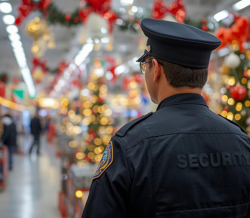Security guard monitoring shoppers inside a holiday-decorated retail store to prevent theft during the busy Christmas season