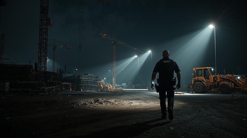 “Construction site security guard preventing theft and damage during night shift”