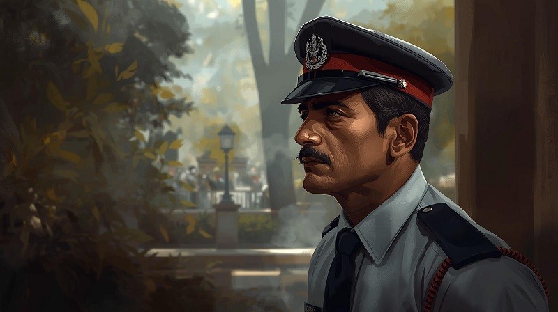 Security guard standing alert at a public place in India during a high-alert situation