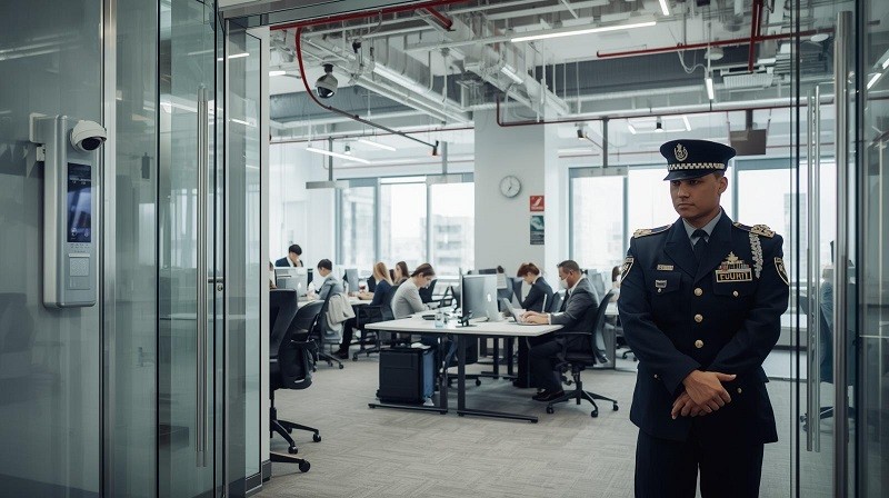 Security management in co-working space with access control, visitor check-in, and surveillance systems