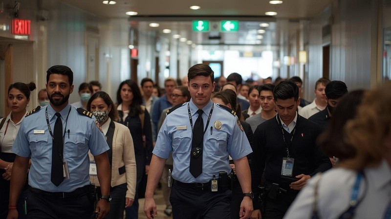 Emergency evacuation drill in office building with security team guiding occupants to safe assembly point