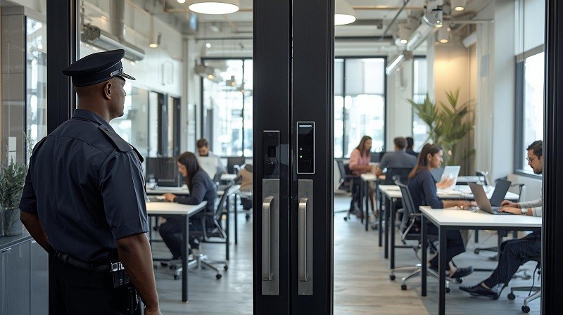 Security management in co-working space with access control, visitor check-in, and surveillance systems