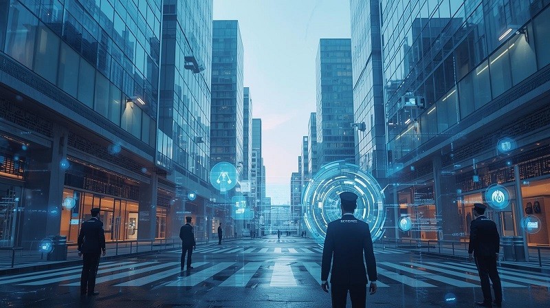 Smart city security system with IoT devices, AI surveillance, and security personnel monitoring urban infrastructure